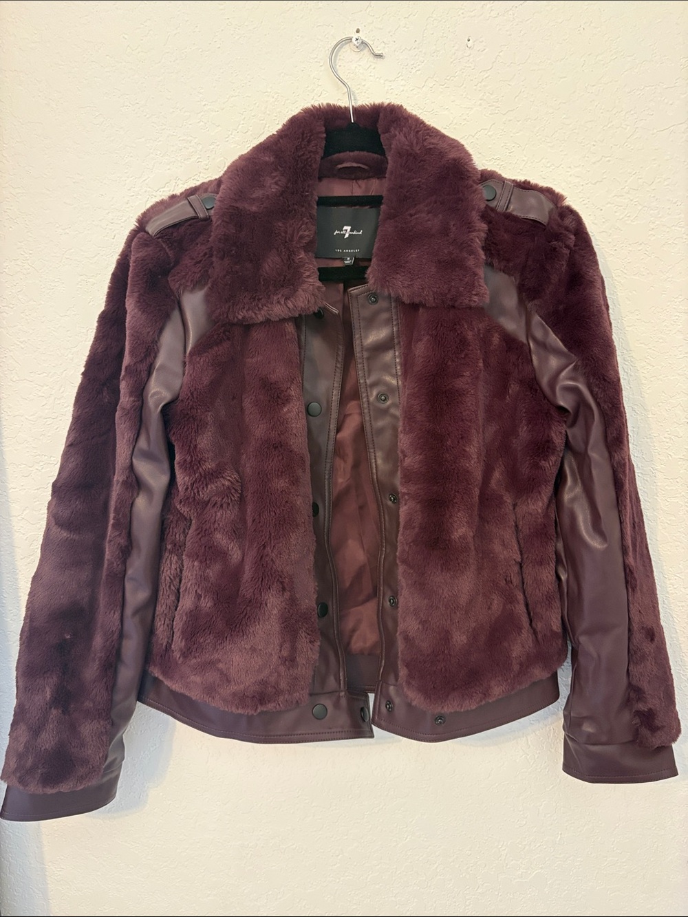 7 For All Mankind Burgundy Plush Faux Fur & Faux-Leather Jacket